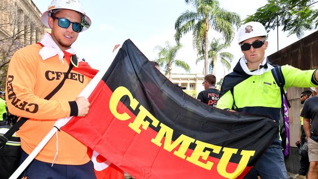 George Thomson and Dontae Ewwarra CFMEU rally in Brisbane Picture: NewsWire / John Gass