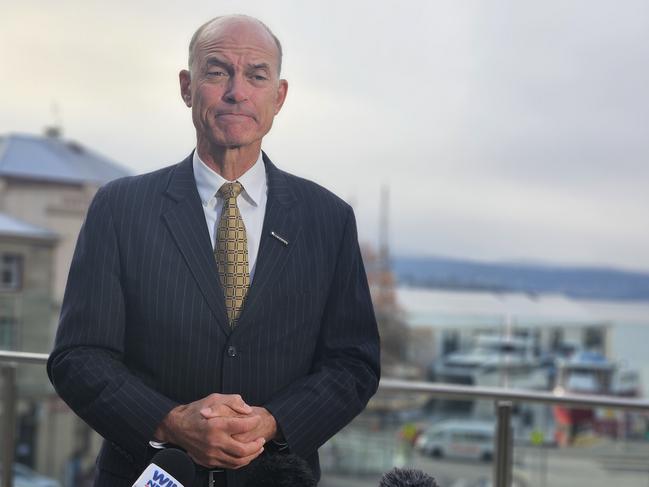 Attorney-General Guy Barnett speaks to the media in Parliament Square in Hobart on Wednesday June 19, 2024.