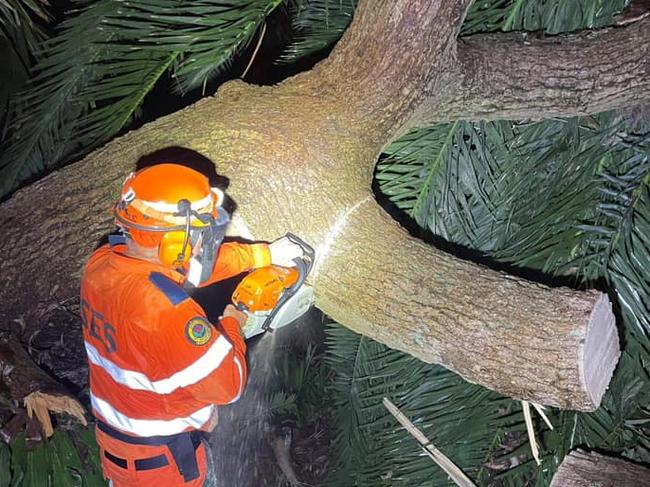 A SES volunteers cuts through a fallen tree on Monday night. Picture: SES Pittwater/Warringah