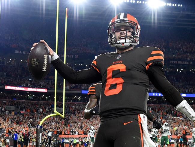 Baker Mayfield celebrates after making a catch on a two-point conversion. Picture: AFP