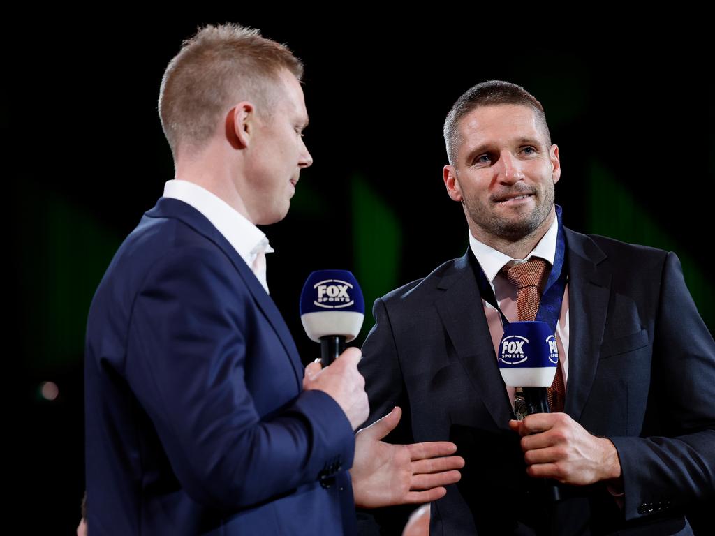 Jack Riewoldt interviews Coleman Medal winner Jesse Hogan. Picture: Dylan Burns/AFL Photos via Getty Images