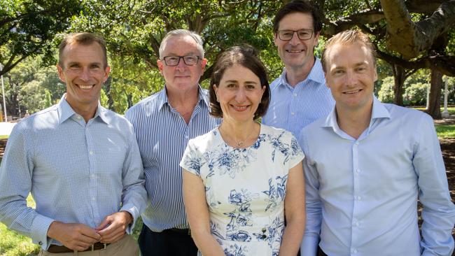 Liberal MPs Rob Stokes, Brad Hazzard, Jonathan O'Dea and James Griffin with Premier Gladys Berejiklian.