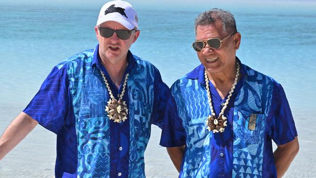 Anthony Albanese and Tuvalu Prime Minister Kausea Natano last week during the Pacific Islands Forum in the Cook Islands. Picture: AAP