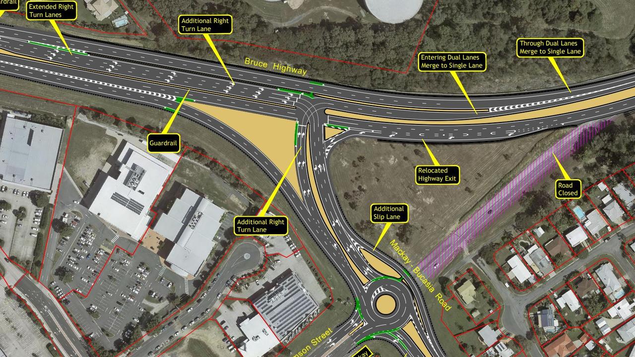 The Mackay Northern Access Upgrade Project site map that takes in Mackay Bucasia Rd and the Bruce Highway intersection. Picture: Department of Transport and Main Roads