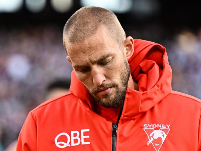 MELBOURNE, AUSTRALIA - SEPTEMBER 24: Sam Reid of the Swans looks upset after the loss during the 2022 Toyota AFL Grand Final match between the Geelong Cats and the Sydney Swans at the Melbourne Cricket Ground on September 24, 2022 in Melbourne, Australia. (Photo by Daniel Carson/AFL Photos via Getty Images)