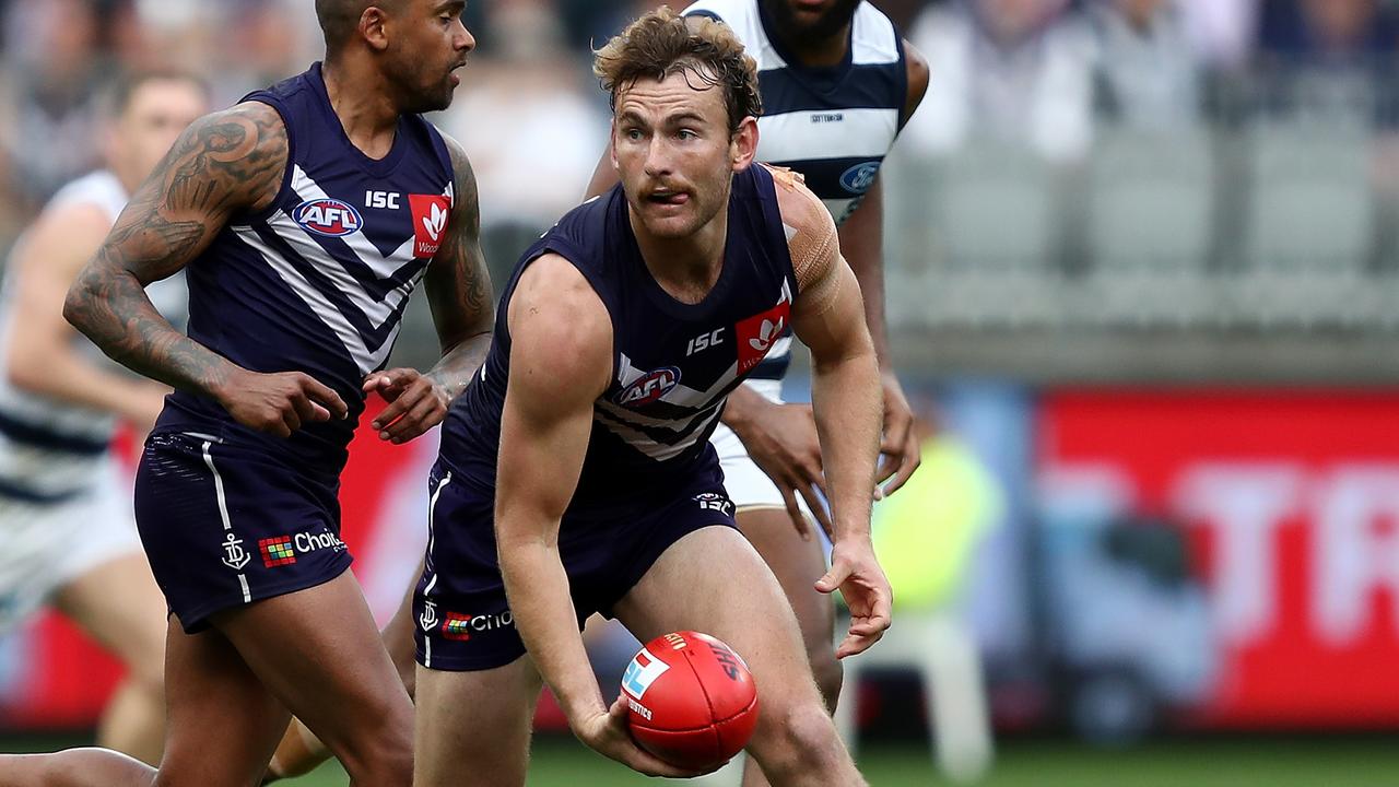 Connor Blakely of the Dockers during the Round 20 AFL match between the Fremantle Dockers and the Geelong Cats at Optus Stadium in Perth, Saturday, August 3, 2019. (AAP Image/Gary Day) NO ARCHIVING, EDITORIAL USE ONLY