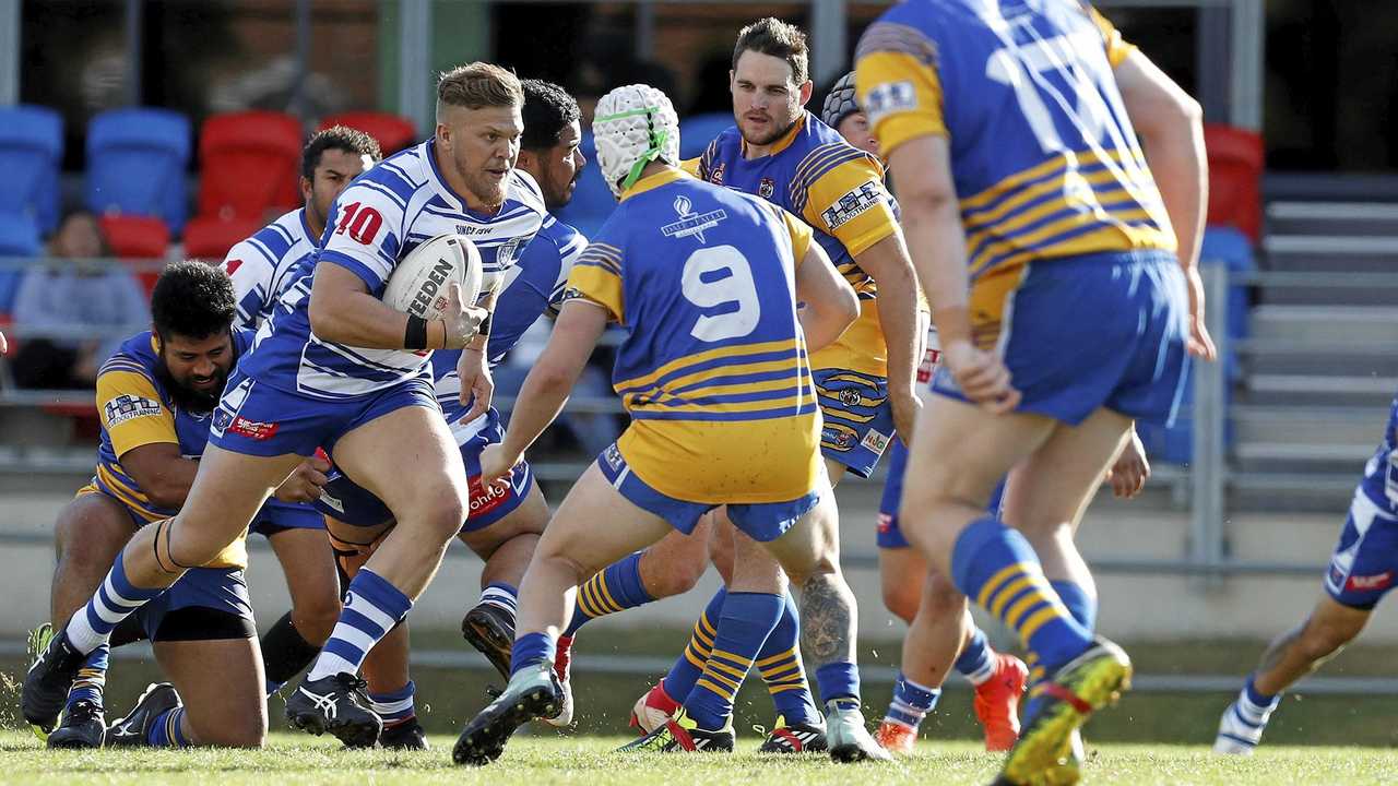 The Norths tacklers work to stop a Brothers run during last weekend's Rugby League Ipswich A-Grade semi-final at the North Ipswich Reserve. Norths won 32-20 to earn a shot at Swifts in Saturday's preliminary final. Picture: Regi Varghese