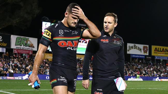 Nathan Cleary comes off with a hamstring injury.