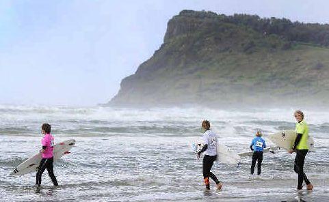 Surf's up: Competitors of the 2010 Rusty Gromfest waiting for the siren to signal them to paddle out into the line-up for their heat at Lennox Head Beach. Picture: Jay Cronan