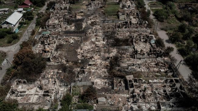 An aerial view of the destruction in the town of Pryvillya at the eastern Ukrainian region of Donbas on Tuesday. Picture: AFP