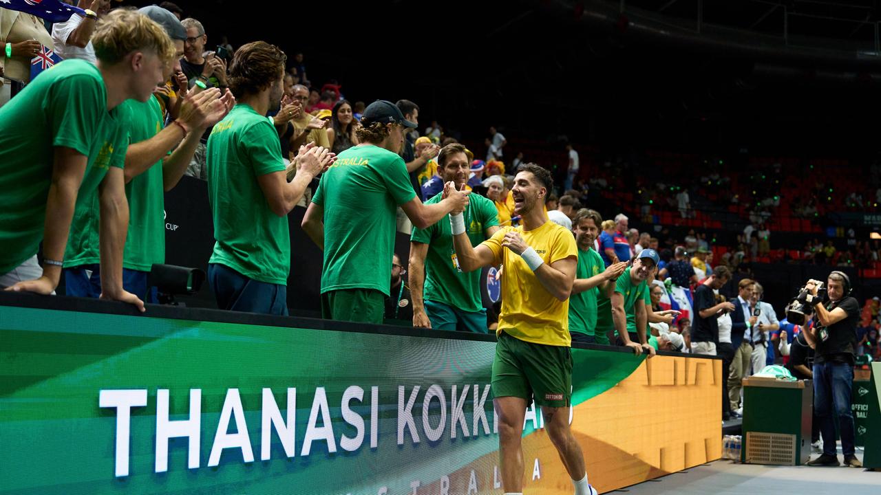 VALENCIA, SPAIN - SEPTEMBER 12: Thanasi Kokkinakis of Australia celebrates with teammates the victory against Jakub Mensik of Czechia during the 2024 Davis Cup Finals Group Stage match between Australia and Czechia at Pabellon Fuente De San Luis on September 12, 2024 in Valencia, Spain. (Photo by Angel Martinez/Getty Images for ITF)