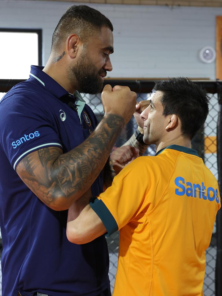 Wallabies forward Lukhan Salakaia-Loto faces off with UFC flyweight Steve Erceg at Scrappy MMA on Wednesday. Picture: Paul Kane/Getty Images