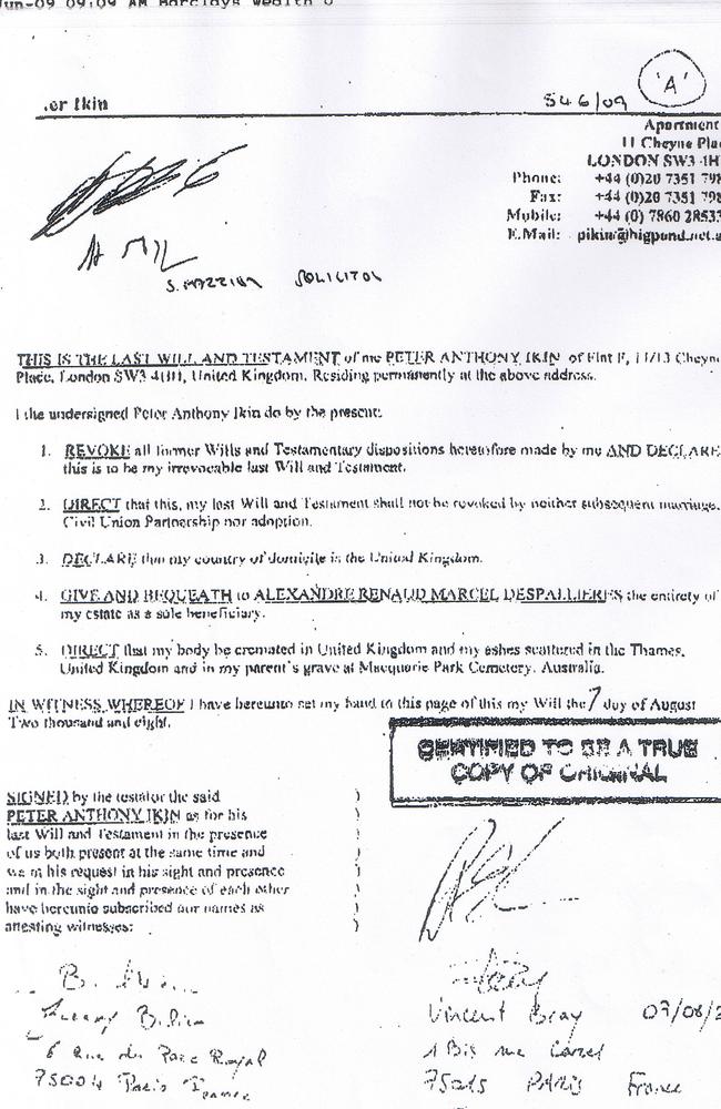 Peter Ikin’s Grant of probate to Despallieres. The picture is of the will in August 2008.