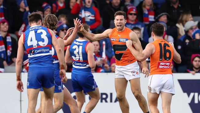 MELBOURNE, AUSTRALIA - July 29, 2023. AFL . Toby Greene of the Giants celebrates a 4th quarter goal during the round 20 match between Western Bulldogs and GWS Giants at the Mars Stadium on July 29, 2023, in Ballarat, Australia. Photo by Michael Klein.