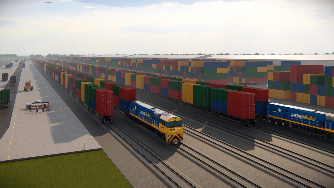 An artist's impression of how the Inland Rail multimodal freight hub at Wellcamp will look.