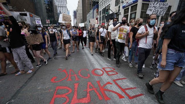 Demonstrators march through the city during a protest in New York against the shooting of Jacob Blake. Picture: AFP