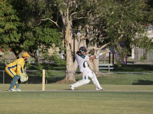 Kookaburra Cup cricket between Queens and Helensvale Pacific Pines. Ben Mytton (Queens) and Paul Baird (Helensvale). Picture: Jodie Henderson