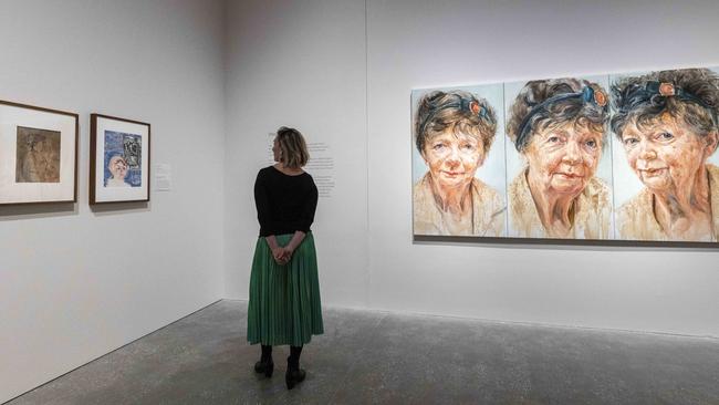 Donald Friend’s portraits of Margaret Olley in 1948 and 1972, left, alongside other works in which the renowned artist is the subject at the Gallery of Modern Art in Brisbane. Picture: Glenn Hunt