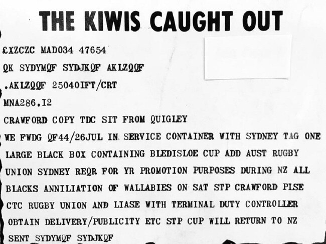 The infamous 1979 Kiwi telegram boasting about their impending Bledisloe Cup win — which didn't happen.