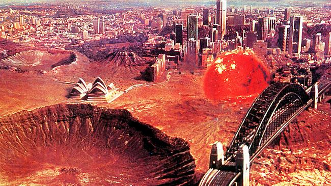 Painting of Tsunehisa Kimura's 1984 post-apocalyptic vision of Sydney used as album cover for Midnight Oil's ‘Red Sails in the Sunset’, is part of ‘Sydney Vistas’ exhibition at Museum of Sydney.