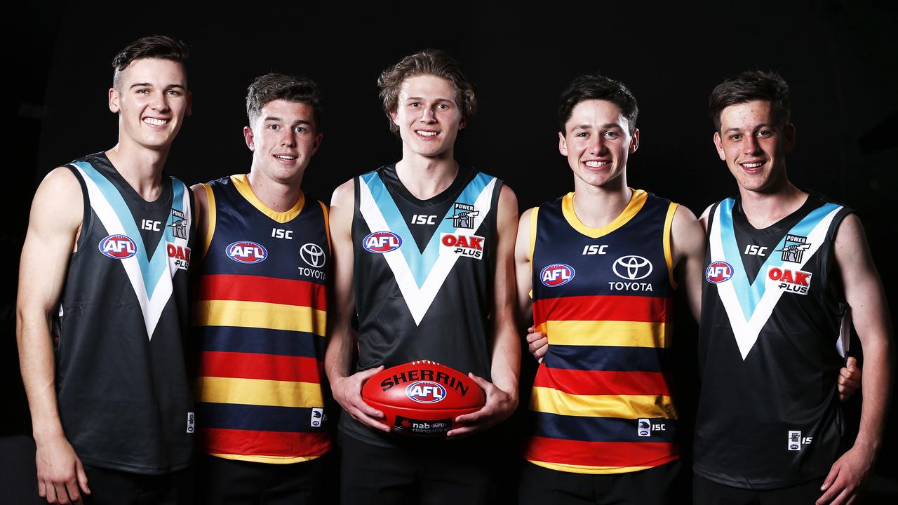 Connor Rozee of the Power, Ned McHenry of the Crows, Xavier Duursma of the Power, Chayce Jones of the Crows and Zak Butters of the Power. Picture: Daniel Pockett