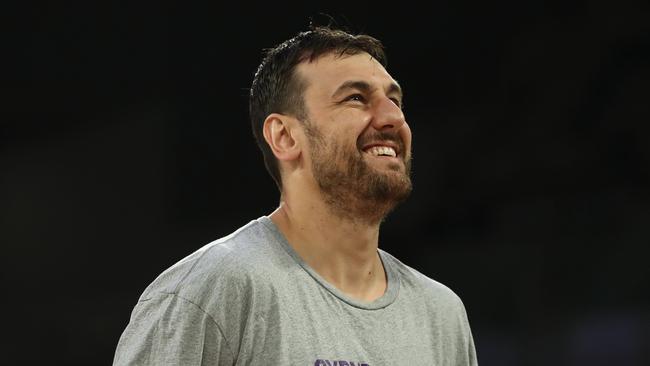 Andrew Bogut has returned serve to Angus Brandt. Picture: Getty Images