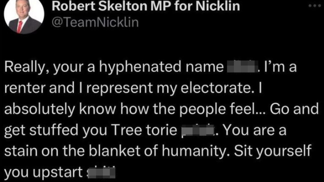 Nicklin MP Robbie Skelton’s reply to a tweet from Greens federal member for Griffith Max Chandler-Mather. Picture: Twitter