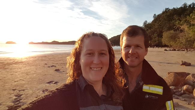 Cape Hillsborough Nature Tourist Park owners Renae Atherton and Ben Atherton enjoying the sunrise on the beach.