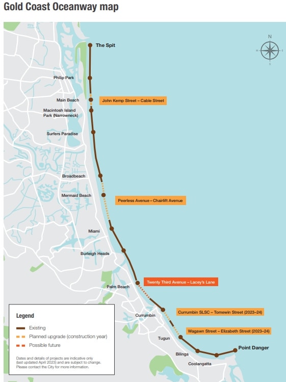 A map showing the Oceanway along with completed sections and missing links. Source: Gold Coast City Council.