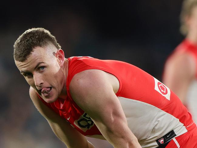 ADELAIDE, AUSTRALIA - AUG 03: Chad Warner of the Swans reacts during the 2024 AFL Round 21 match between the Port Adelaide Power and the Sydney Swans at Adelaide Oval on August 03, 2024 in Adelaide, Australia. (Photo by Sarah Reed/AFL Photos via Getty Images)