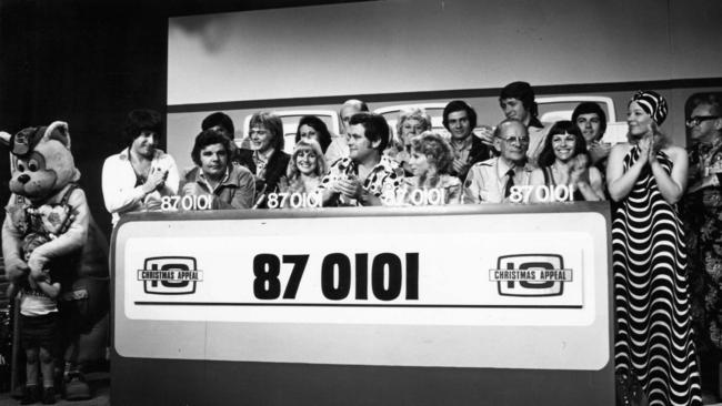 An undated photo of the SAS Channel 10 Christmas Appeal, featuring Fat Cat, John Farnham, actors from ‘Neighbours’ and other TV presenters.