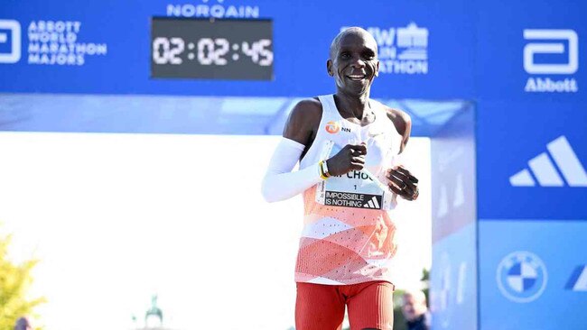 Eliud Kipchoge claimed victory in the men’s race for a record fifth time. Picture: AFP/GETTY IMAGES