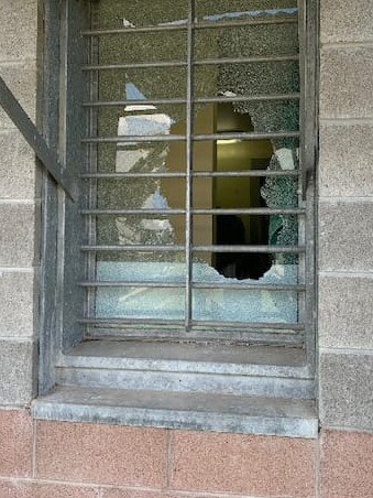 Smashed windows at the prison. There were reports the prisoners were armed with hammers.