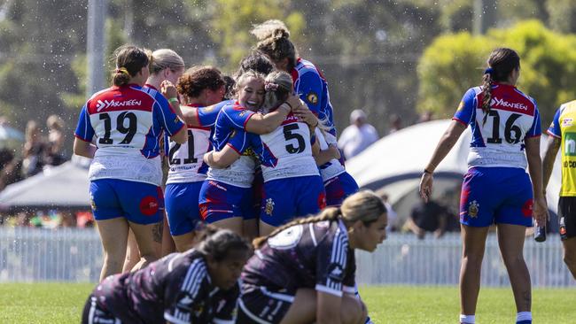 Newcastle celebrates winning the match. Women's Koori Knockout grand final, Redfern All Blacks vs Newcastle Yowies. Picture: Andrea Francolini