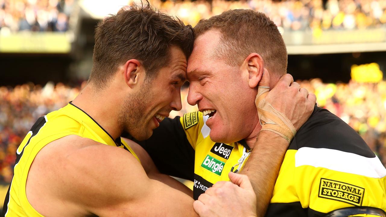 Alex Rance with Justin Leppitsch after winning the 2017 AFL Grand Final. Picture: Getty Images