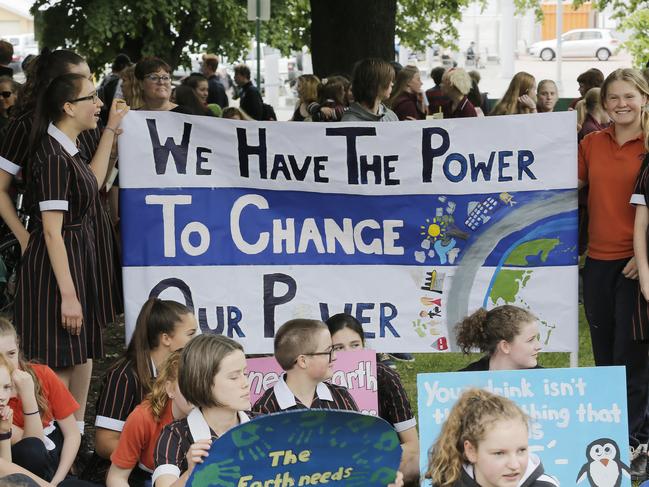 Primart and high school students from the south of the state walking out of school today to protest inaction on climate change. Students protesting on parliament lawns, Hobart.Picture: MATHEW FARRELL