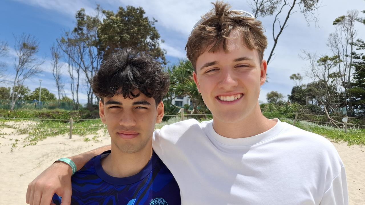 James Malapanis, 18, and Luke Rochow, 18, at Byron Bay Schoolies celebrations on November 28, 2024. Picture: Sam Stolz.