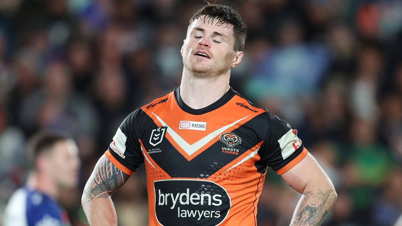 HAMILTON, NEW ZEALAND - AUGUST 12: John Bateman of the Tigers looks on during the round 24 NRL match between the Warriors and the West Tigers at FMG Stadium Waikato on August 12, 2023 in Hamilton, New Zealand. (Photo by Michael Bradley/Getty Images)