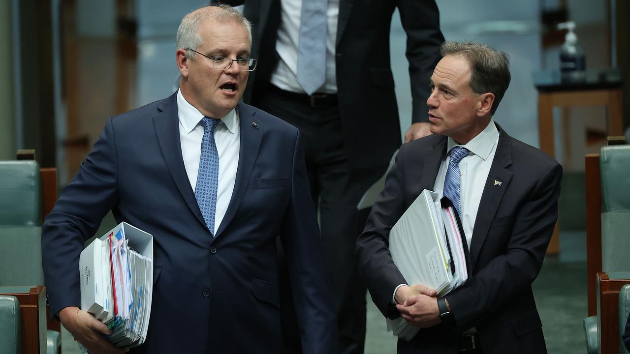 Prime Minister Scott Morrison with Health Minister Greg Hunt during Question Time in the House of Representatives in Parliament House, Canberra, ACT on May 13,2021. Picture: NCA NewsWire/Gary Ramage