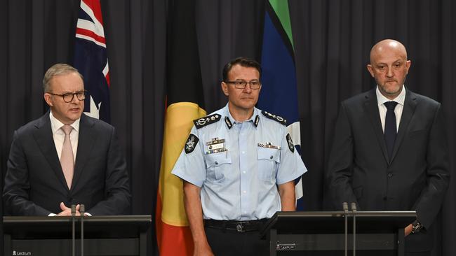 Anthony Albanese, left, AFP Commissioner Reece Kershaw and ASIO director-general Mike Burgess. Picture: Martin Ollman/NCA NewsWire