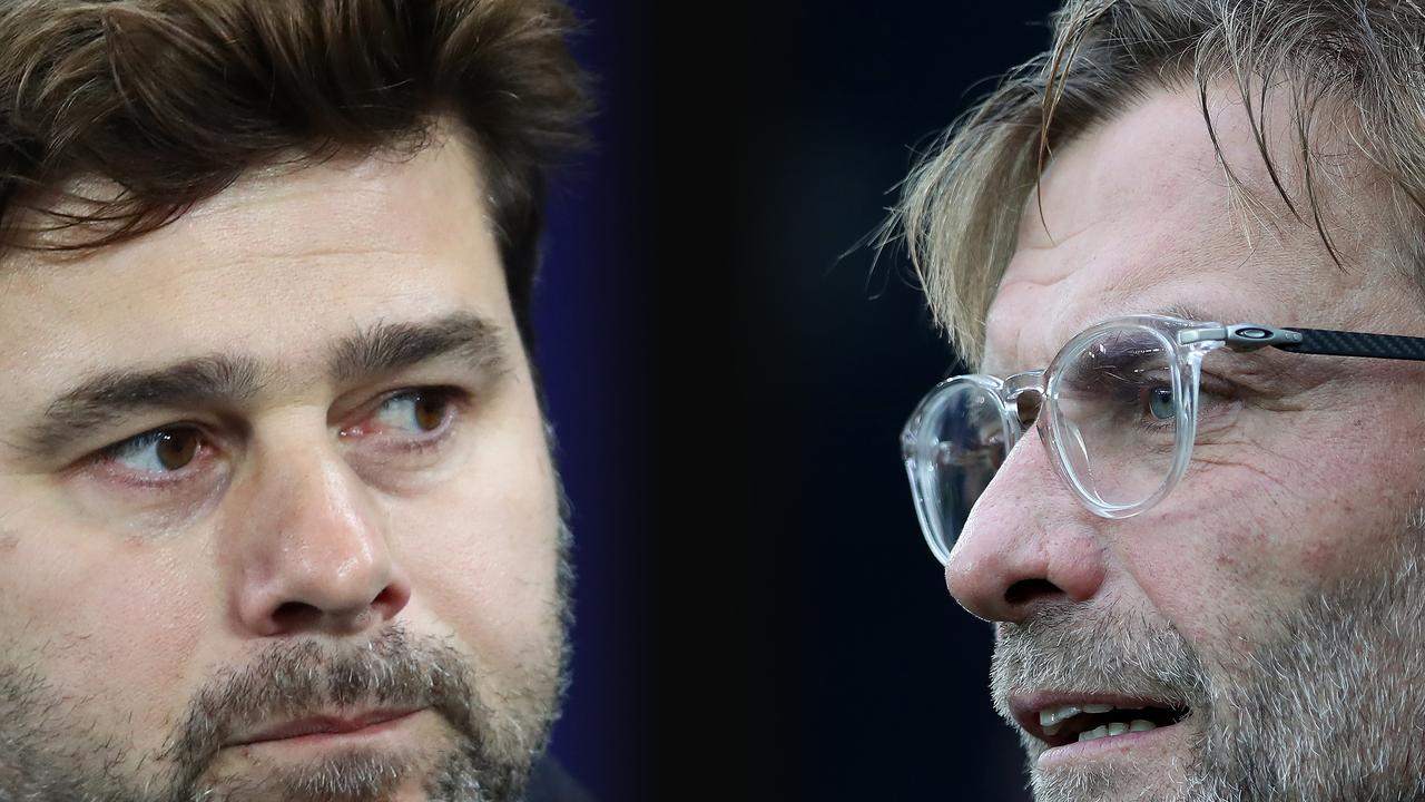 Spurs manager Mauricio Pochettino and Liverpool boss Jurgen Klopp (R) will do battle in the dugouts on Saturday night AEST