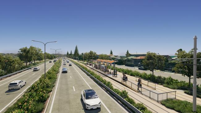 Artist impression of Gold Coast Light Rail Stage 4 between Tugun and Coolangatta, including Gold Coast Airport and the NSW border. Picture: Department of Transport and Main Roads.