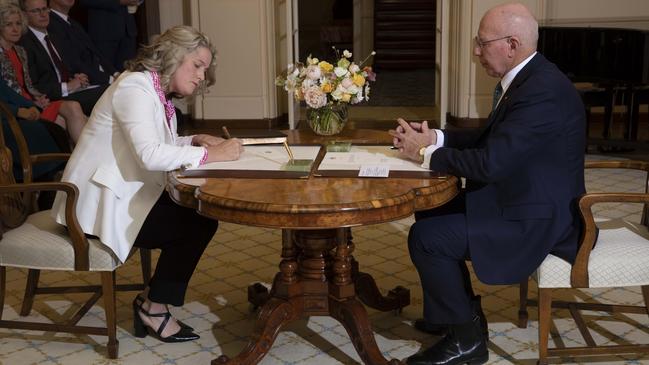 Clare O'Neil is sworn in as Home Affairs Minister with Governor-General David Hurley looking on in Canberra on Wednesday. Picture: Andrew Taylor