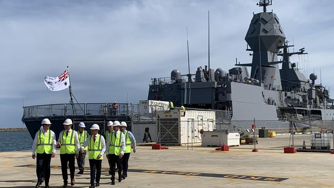 Deputy Prime Minister Richard Marles with WA Premier Roger Cook among other VIPs visiting the Australian Marine Complex in Henderson, south of Perth. Picture: Paul Garvey