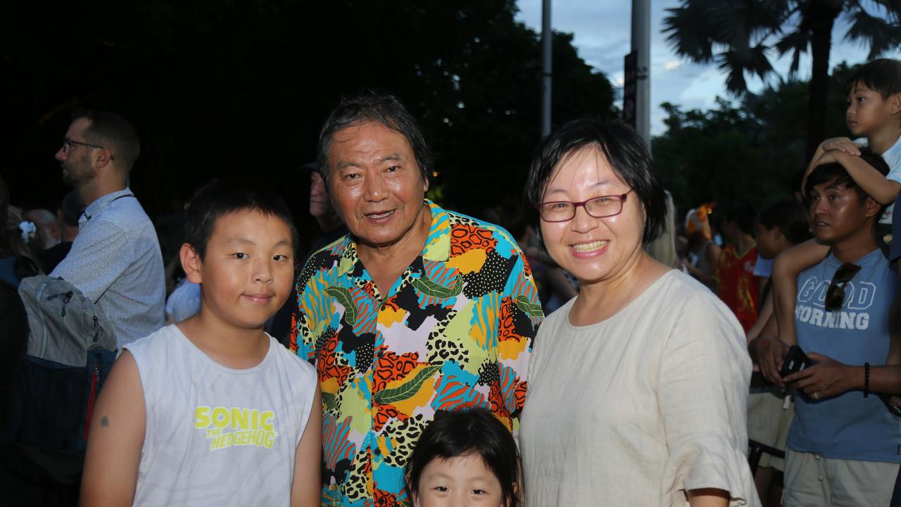 Rocky Liu, Meang Wang, Evelyn Liu and Hannah Wang celebrate the last night of Chinese New Year festivities in Cairns. Picture: Kate Stephenson