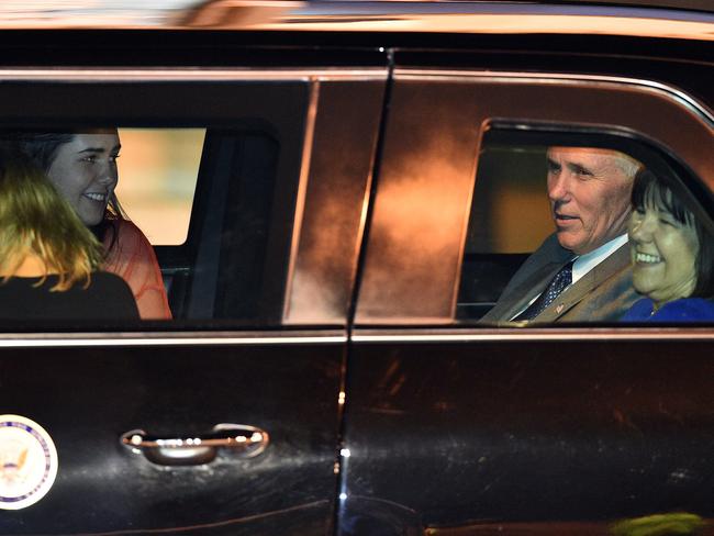 US Vice President Mike Pence, his wife Karen and their two daughters Audrey and Charlotte leave the airport following their arrival in Sydney.