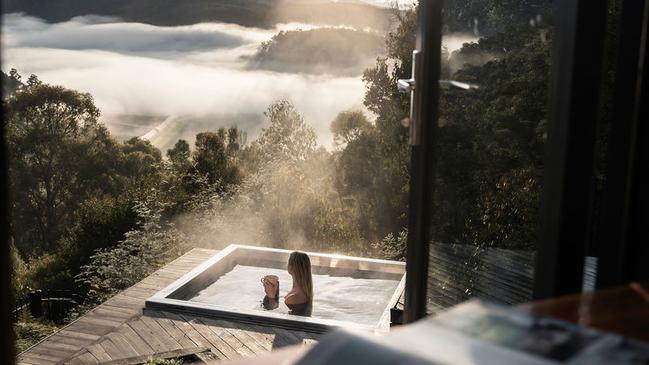 The hot tub with a view at Orchards Nest in Tasmania's Huon Valley. For TasWeekend. Picture: OSCAR2