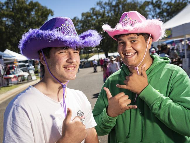 Drake Brighton (left) and Jesse Albury-Brady with new hats purchased at the Toowoomba Royal Show, Friday, April 19, 2024. Picture: Kevin Farmer