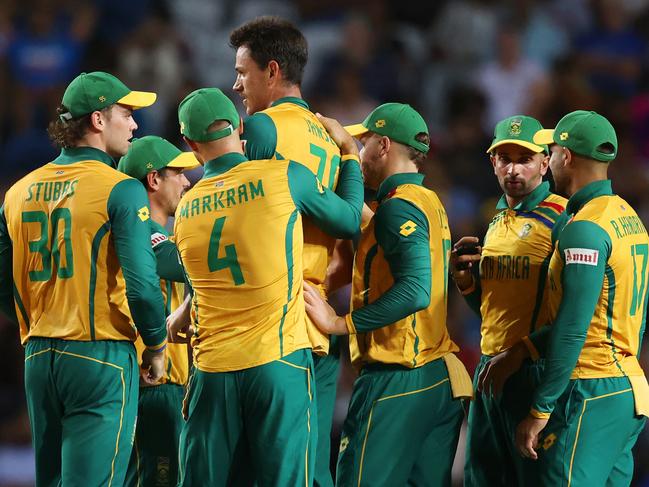 TAROUBA, TRINIDAD AND TOBAGO - JUNE 26: Marco Jansen of South Africa celebrates with teammates after dismissing Nangyal Kharoti of Afghanistan (not pictured) during the ICC Men's T20 Cricket World Cup West Indies & USA 2024 Semi-Final match between South Africa and Afghanistan at Brian Lara Cricket Academy on June 26, 2024 in Tarouba, Trinidad And Tobago. (Photo by Robert Cianflone/Getty Images)