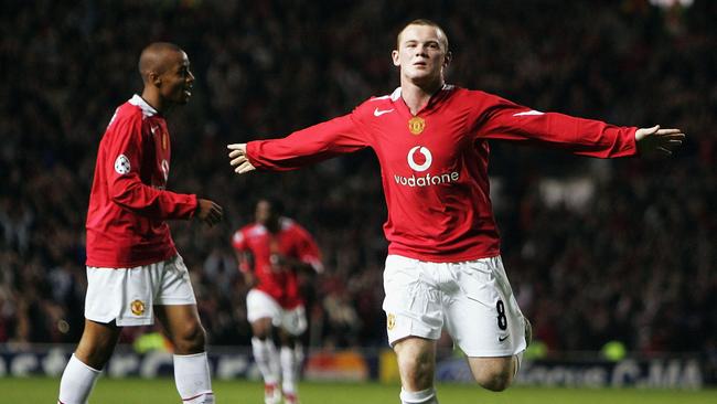 Rooney celebrates his second goal in a hat-trick on his Champions league debut against Fenerbahce in 2004.